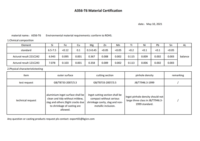 A356-T6 Material Certification material specification